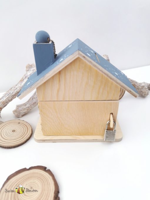 Personalisiertes set Kindermesslatte Zahndose und Spardose Haus aus Holz mit Eisbär Motiv