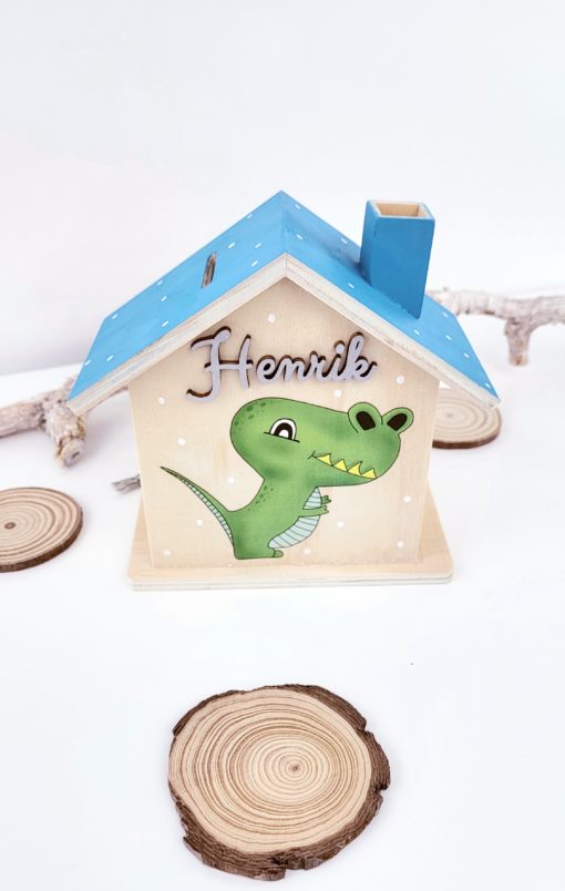 Haus Spardose aus Holz Personalisiert und handbemalt Dino