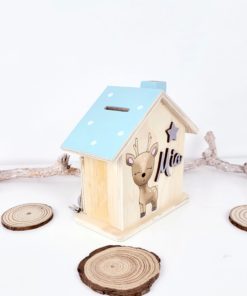 Haus Spardose aus Holz Personalisiert und handbemalt Reh Hirsch