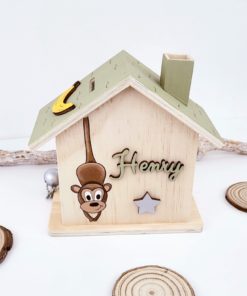 Holz Spardose Haus Personalisiert und handbemalt Affe
