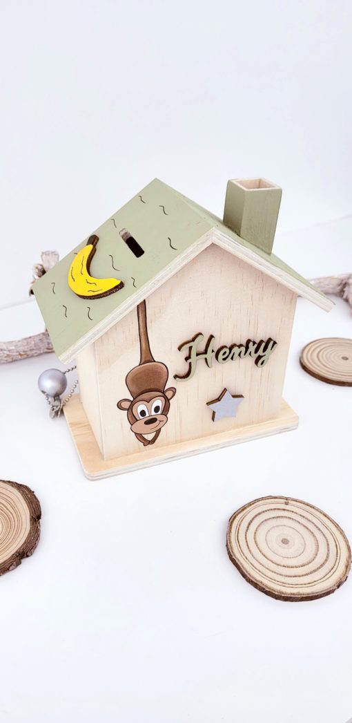 Holz Spardose Haus Personalisiert und handbemalt Affe