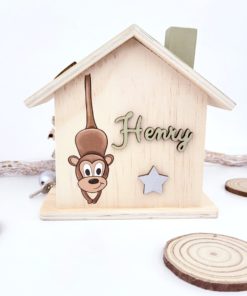 Holz Spardose Haus Personalisiert und handbemalt Affe