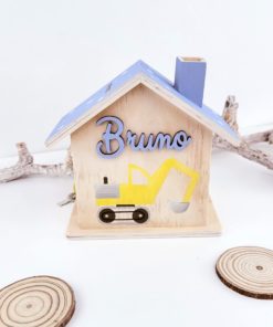 Holz Spardose Haus personalisiert und handbemalt Bagger