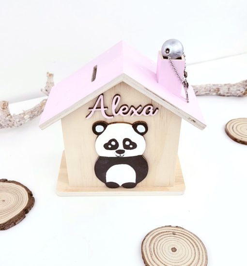 Haus Spardose aus Holz Personalisiert und handbemalt Panda
