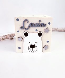 Würfelspardose handbemalt und personalisiert Eisbär