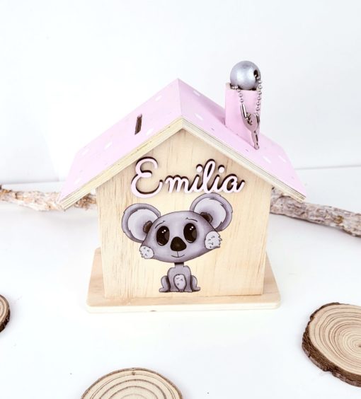 Haus Spardose aus Holz Personalisiert und handbemalt Koala