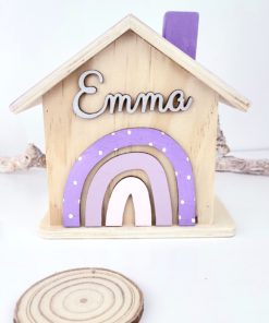 Haus Spardose aus Holz Personalisiert und handbemalt Regenbogen Mädchen