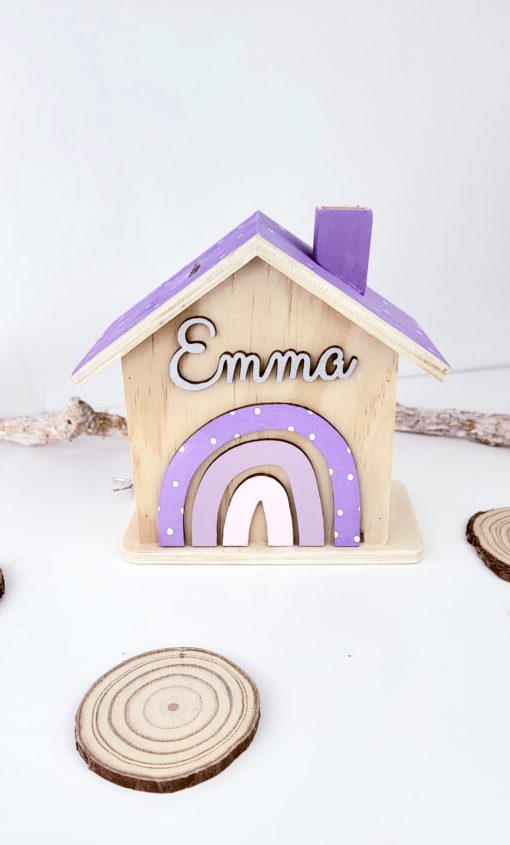 Haus Spardose aus Holz Personalisiert und handbemalt Regenbogen Mädchen