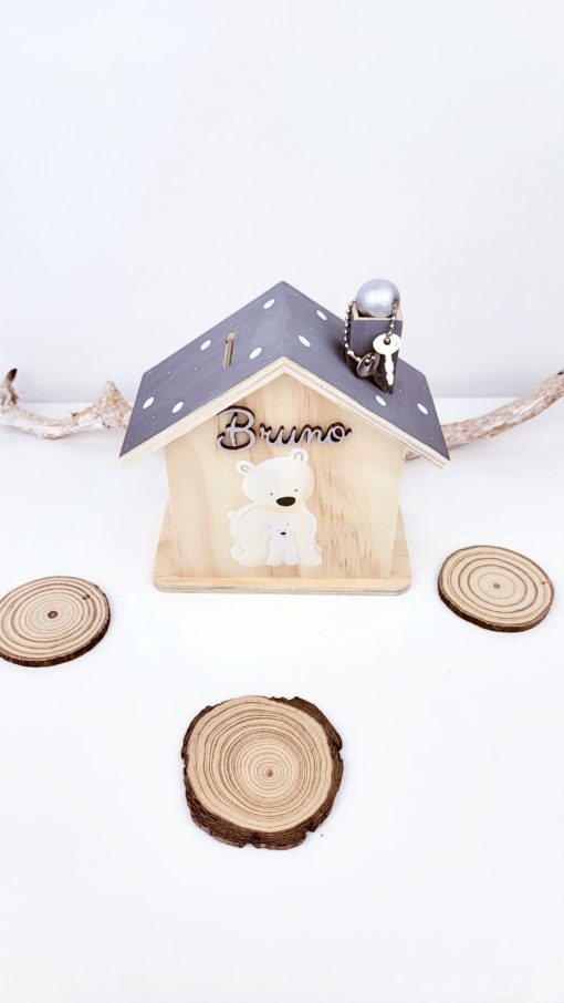 Spardose aus Holz handbemalt und personalisiert Eisbär