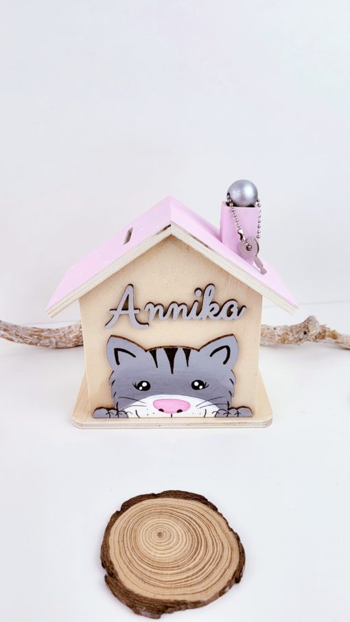 Spardose aus Holz handbemalt und personalisiert Katze