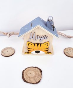 Spardose aus Holz handbemalt und personalisiert Tiger