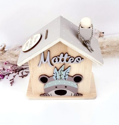 Spardose aus Holz Personalisiert Boho Bär